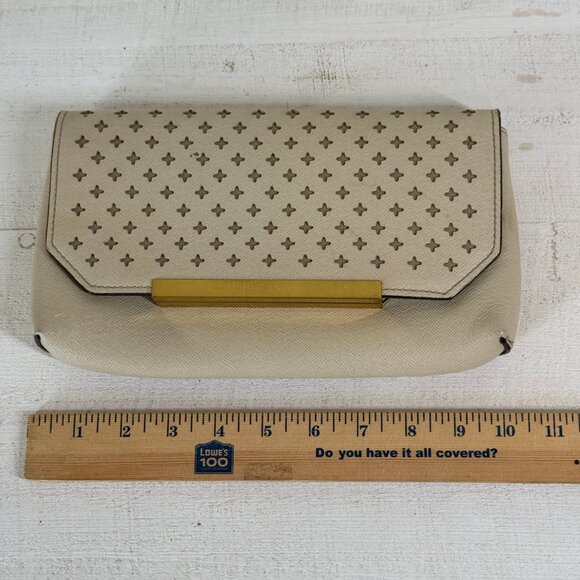 J.Crew Claremont Perforated Clutch Beige Leather Gold Hardware - Picture 8 of 10